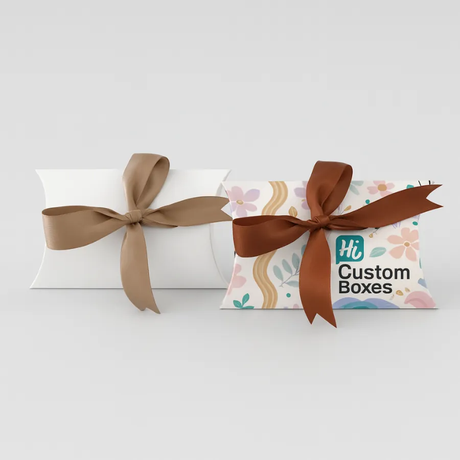 Two pillow boxes tied with brown ribbon- one white- the other with a pastel floral pattern- class=